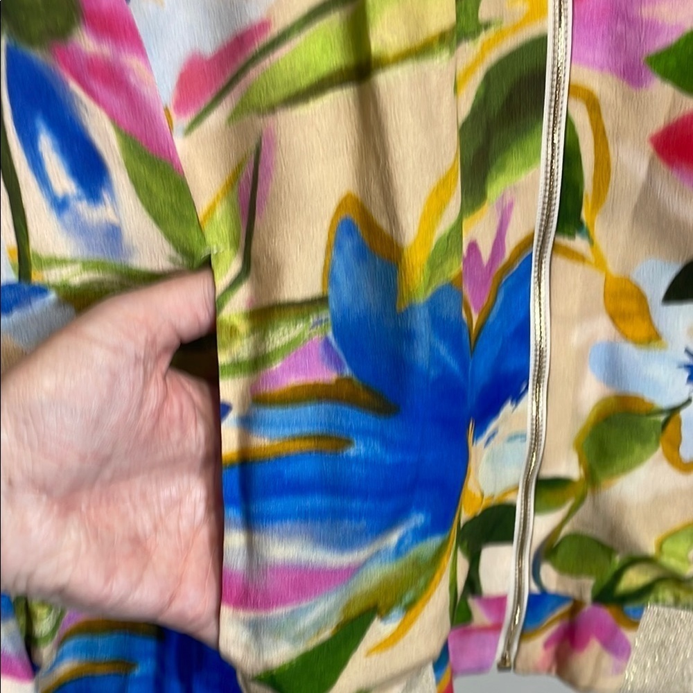 NAF NAF Paris Floral Watercolor Bomber Jacket Gold Lurex Zip Size L - Picture 13 of 14